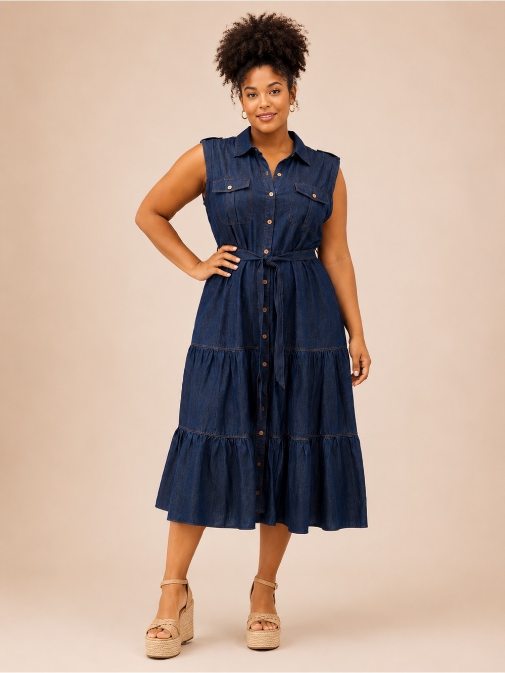 Meadow Rhodes NWT Chambray Tiered Midi Dress Button Front 1X Cotton Blue
